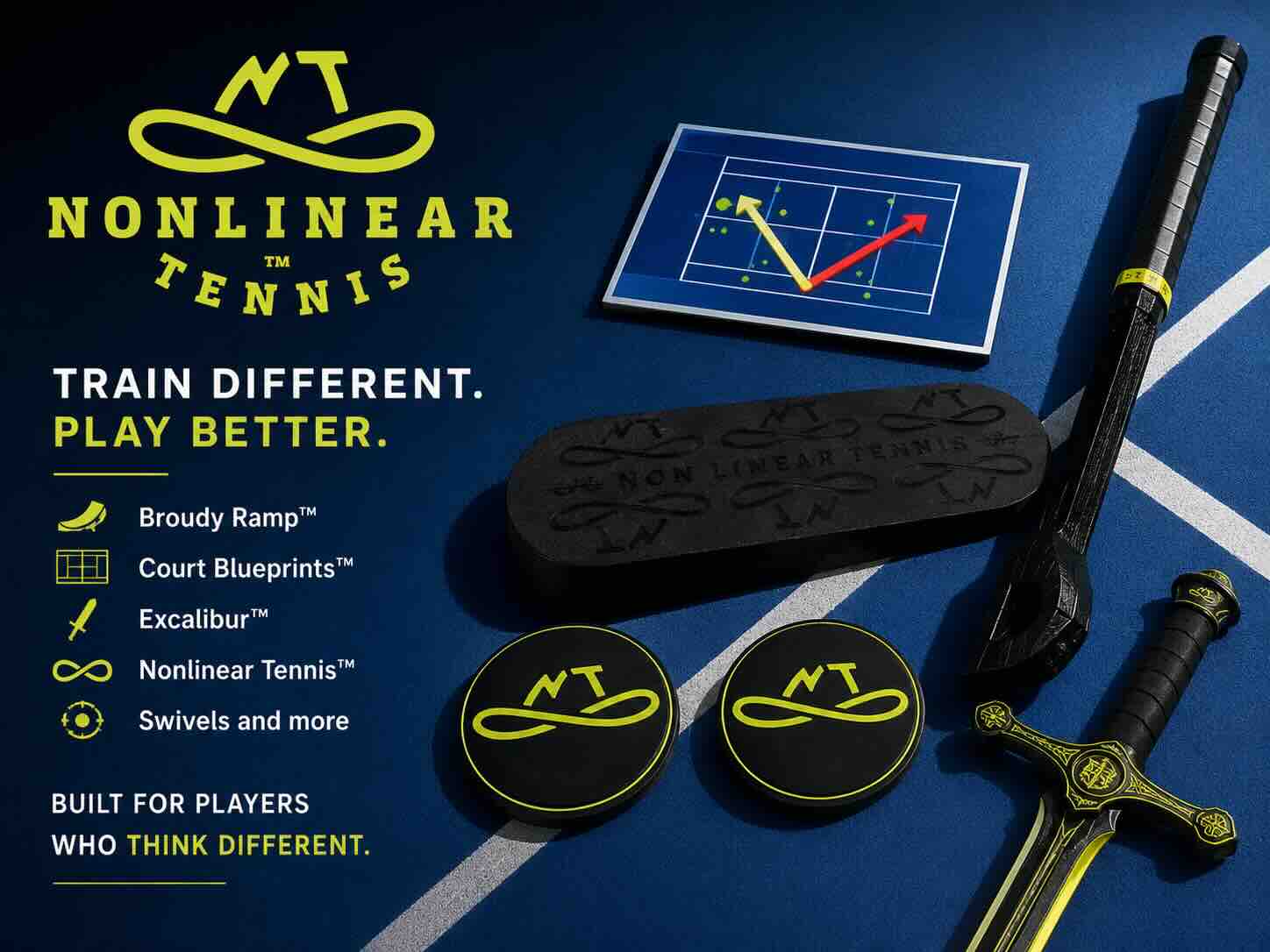 Load video: NonLinear Tennis Training aids help players develop the effortless game. Smooth strokes you can rely on. Tools include: On Court Visual Stroke Blueprints, Swivels, Ramp, and Excalibur all designed and manufactured by Broudy Tennis LLC